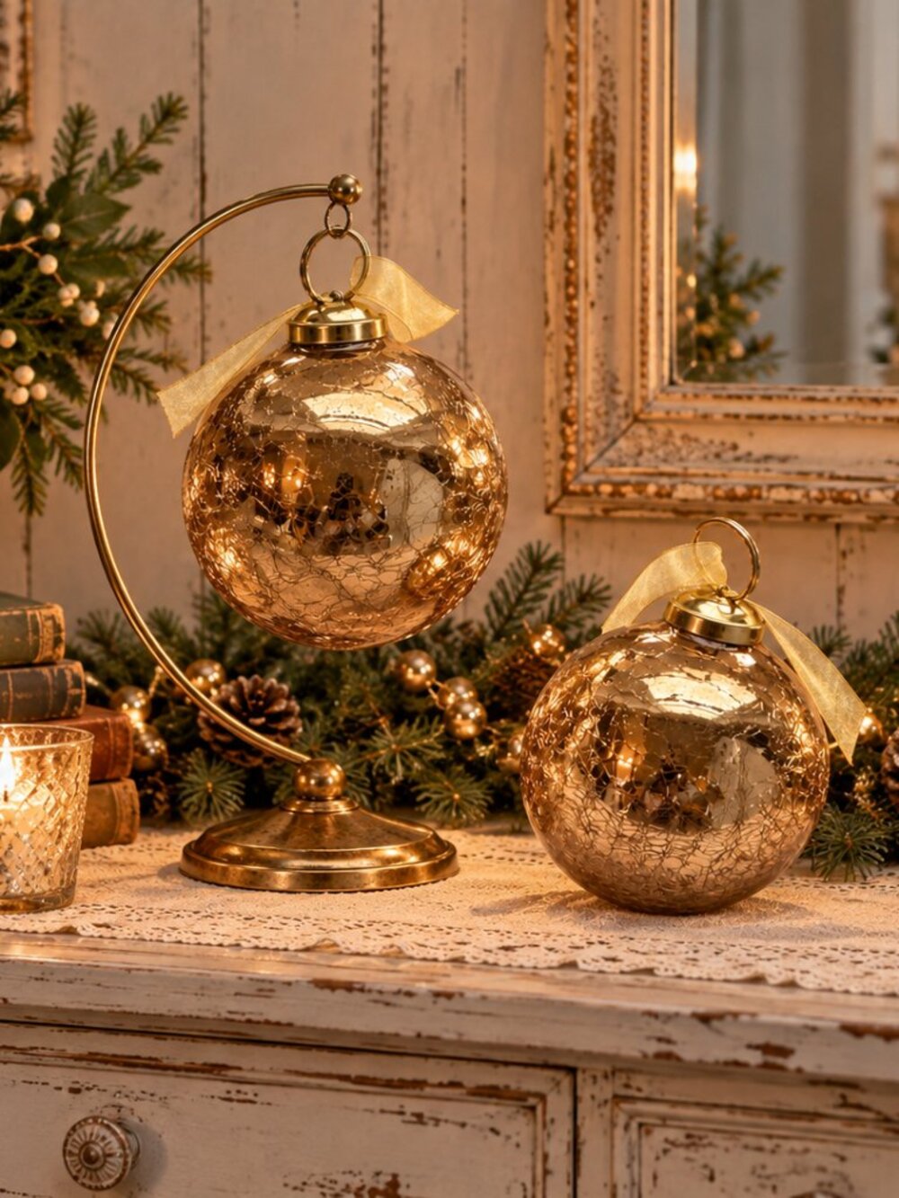 Debbie Travis Gold Crackle Glass Christmas Ornaments Set of 2 With Original Boxe
